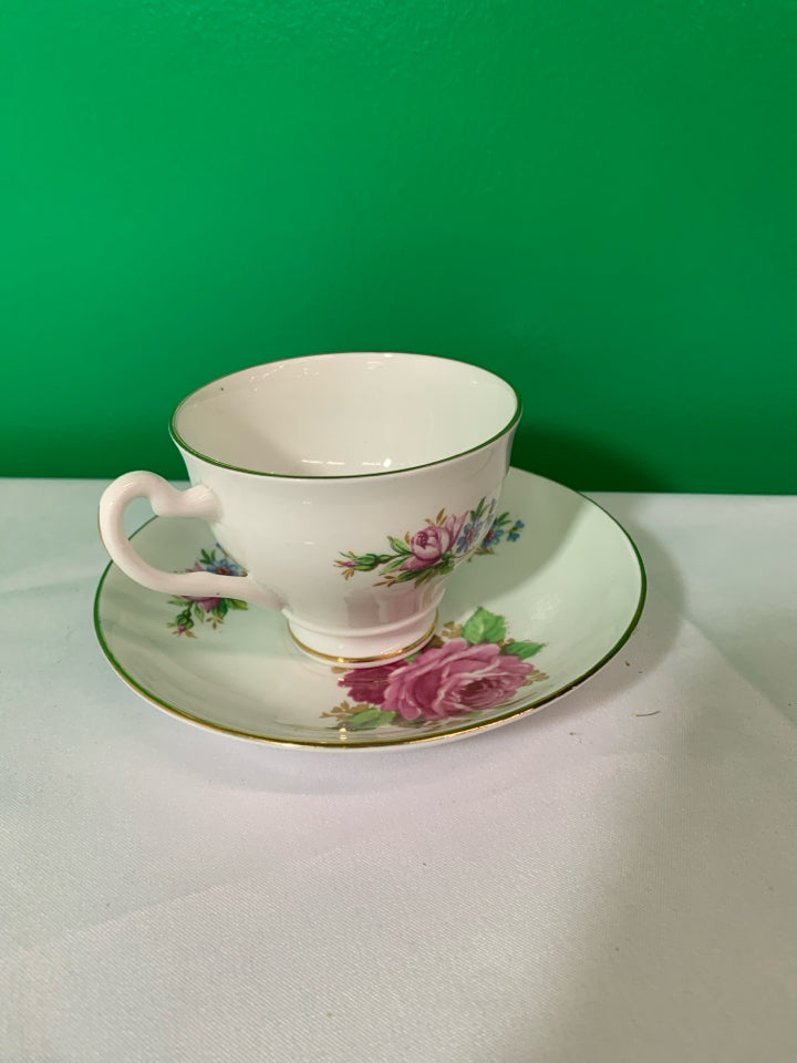 VTG PINK W BLUE ACCENTS TEACUP AND SAUCER-BONE CHINA.
