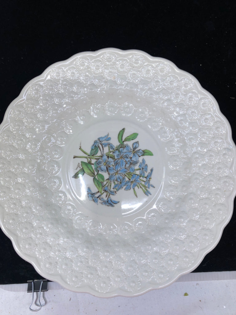 VTG 13 WHITE EMBOSSED FLORAL PLATES.