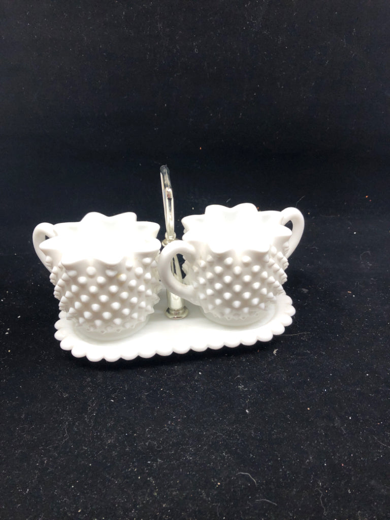 VTG MILK GLASS HOBNAIL SUGAR AND CREAMER SET W TRAY.