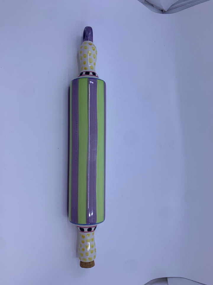 MCKENZIE-CHILDS LIGHT PURPLE AND GREEN FILL-ABLE ROLLING PIN.