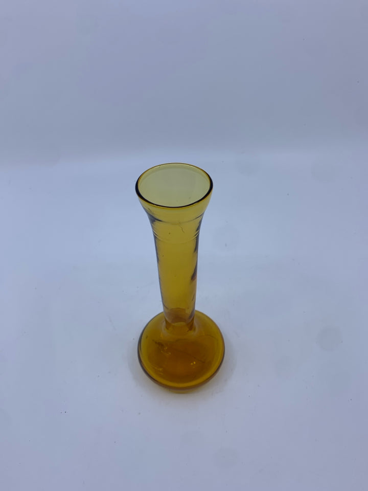 BULB BOTTOM FLARED TOP AMBER GLASS BUD VASE.