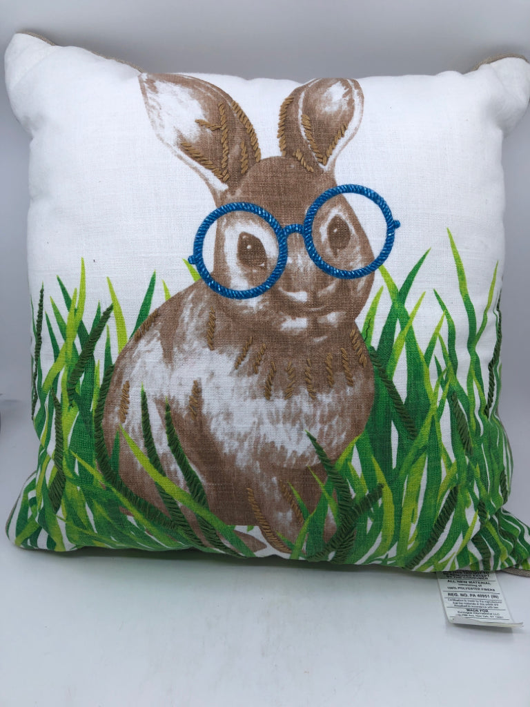 BUNNY W BLUE GLASSES SQUARE PILLOW.