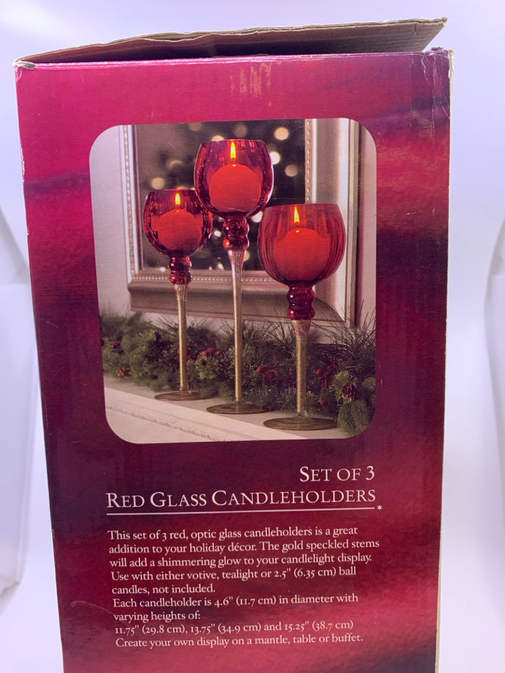 3 NIB RED GLASS CANDLE HOLDER.