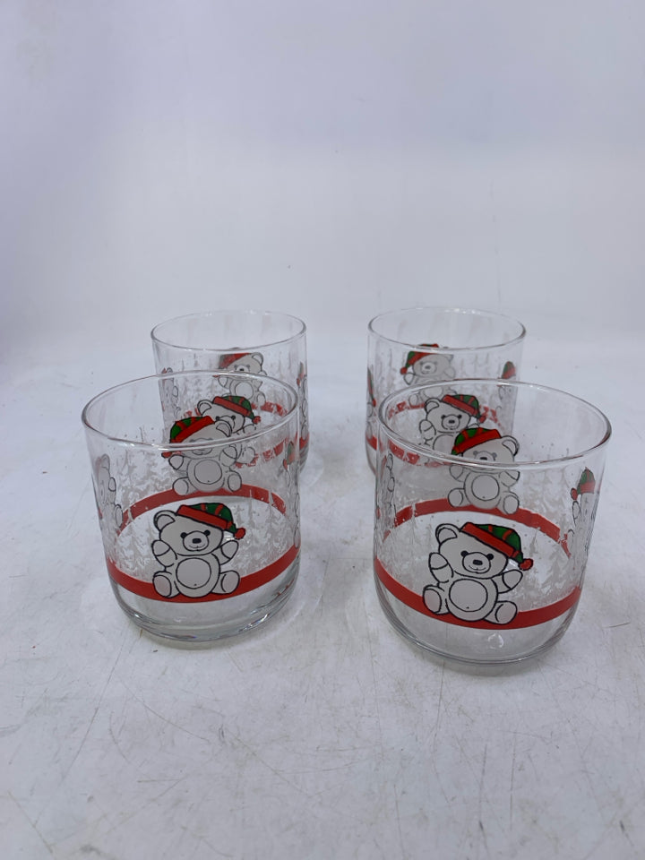 4 SHORT GLASSES W/ PRINTED TEDDY BEARS W/ HAT.