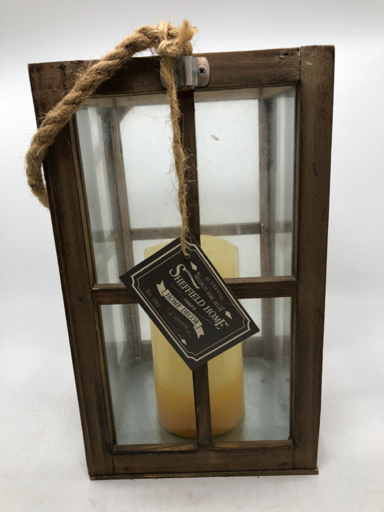 WOODEN CANDLE LANTERN W/BATTERY CANDLE.