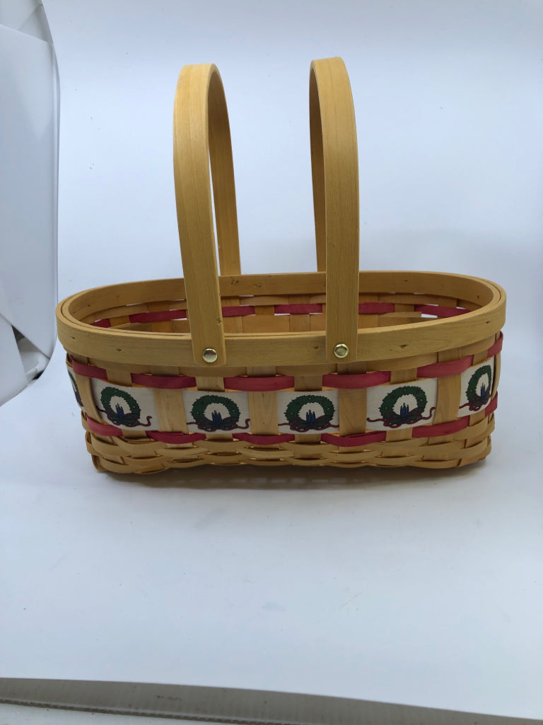 OVAL BLONDE/RED BASKET WITH WREATH DESIGN DOUBLE HANDLE.