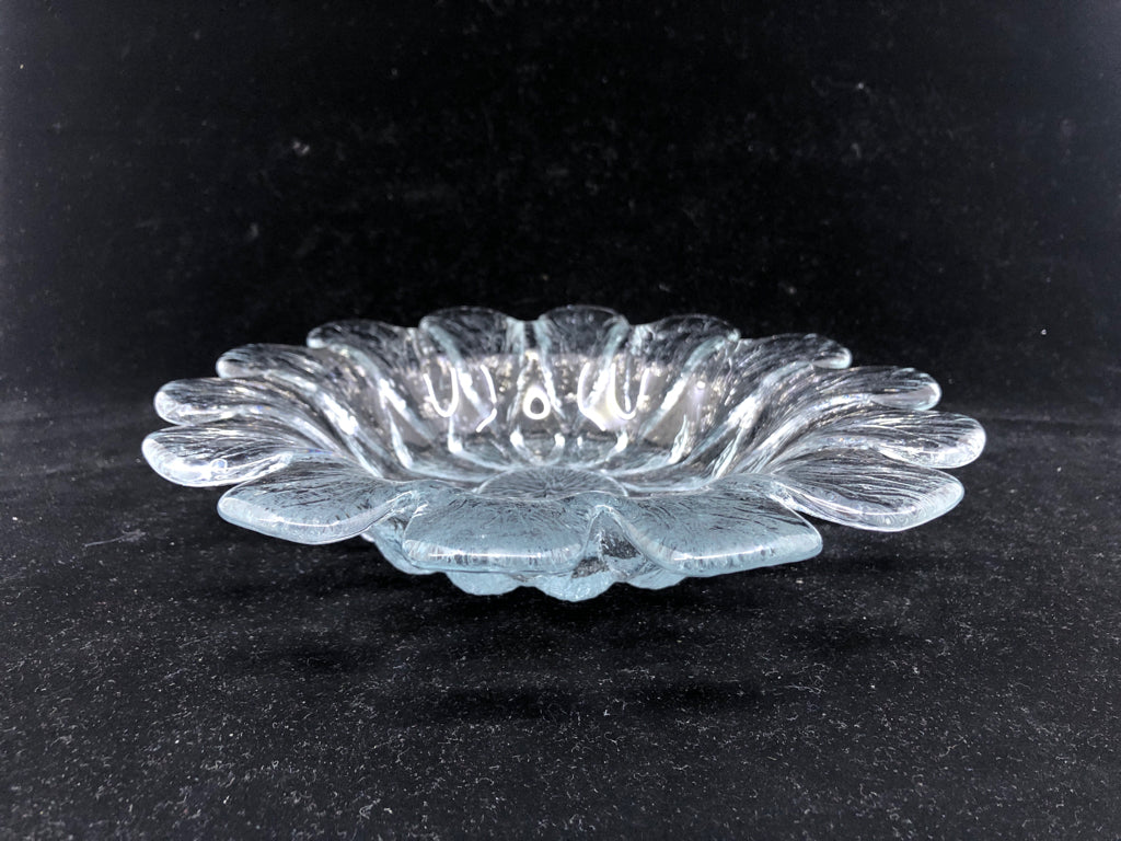 HEAVY GLASS FLOWER DISH W/ EMBOSSED DESIGNS.