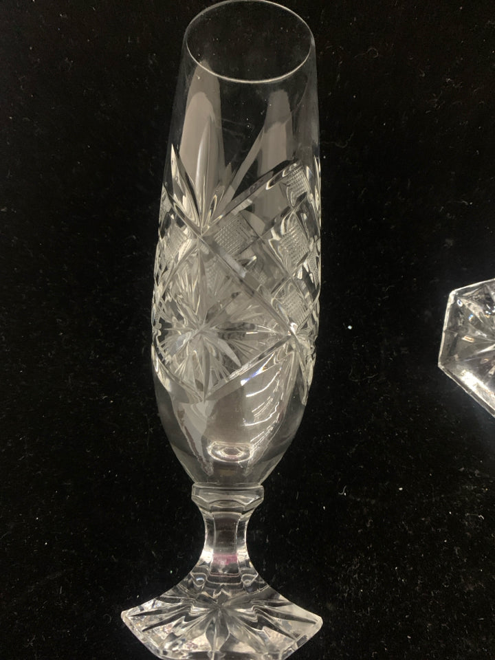 4 CUT GLASS CHAMPAGNE GLASSES.
