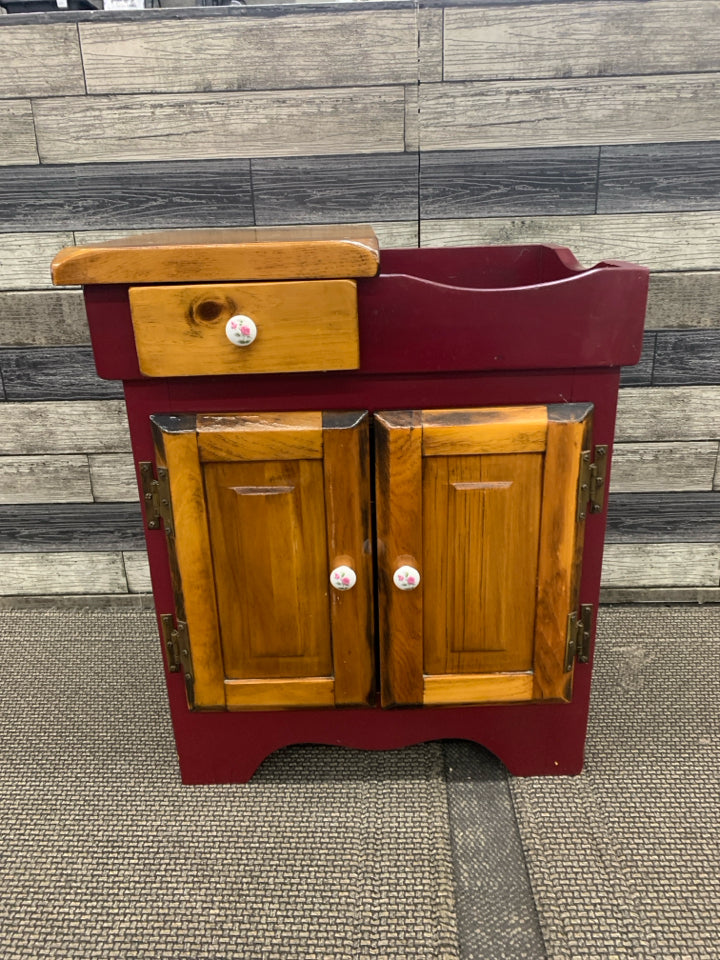 MAROON AND FINISHED WOOD SM DRY SINK W DRAWER AND CABINET.