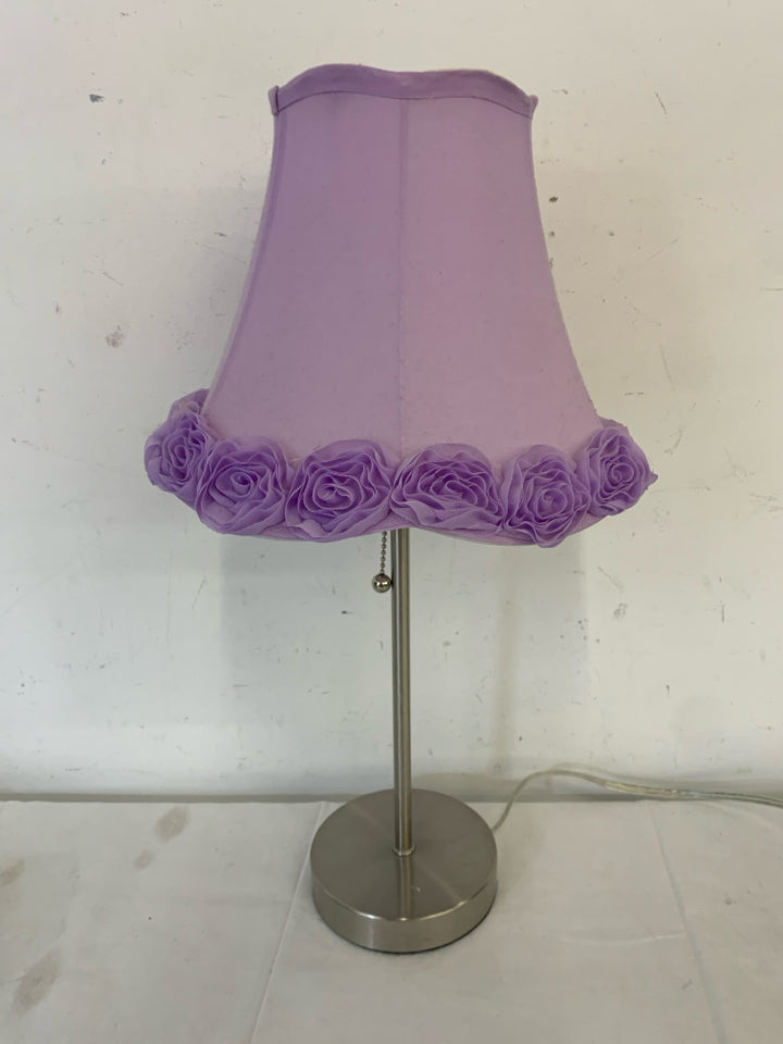 SILVER SKINNY BASE LAMP W PURPLE SHADE.