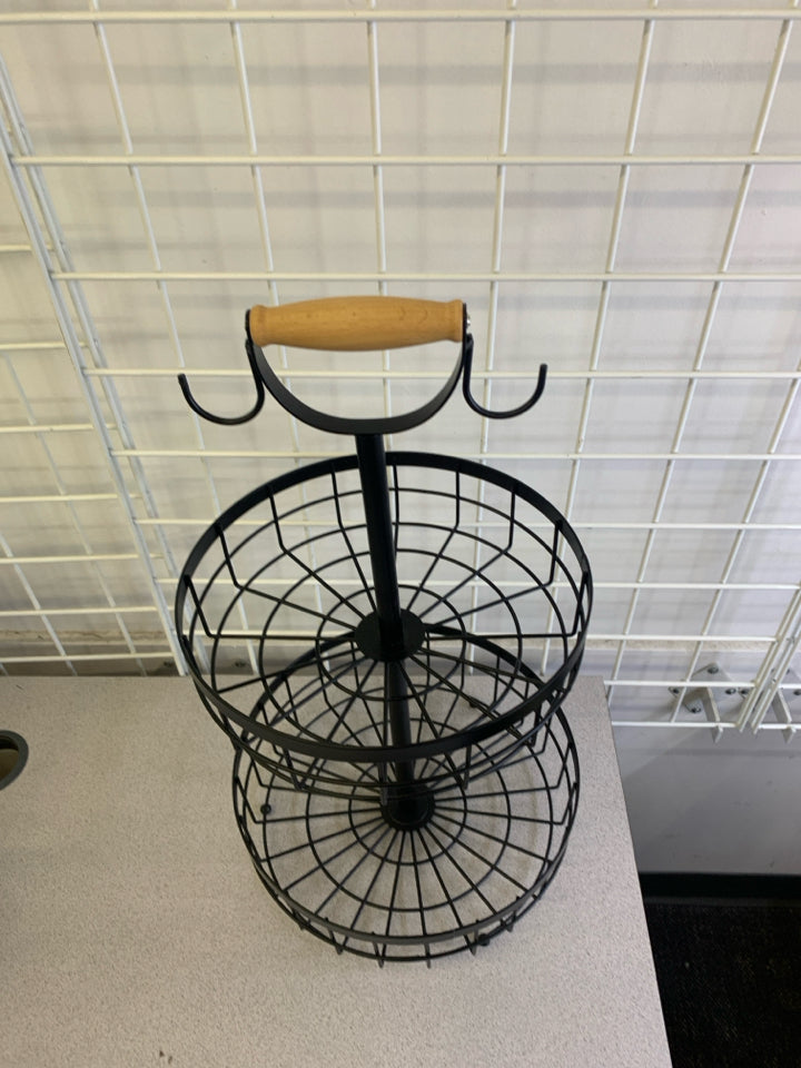 2 TIER BLACK METAL FRUIT BASKET W/ WOOD HANDLE.