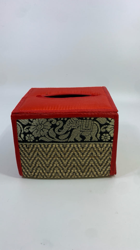 RED FABRIC W/STITCHED ELEPHANTS TISSUE COVER.