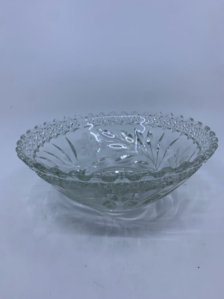 WAVY EDGE FLORAL ETCHED CUT GLASS BOWL.