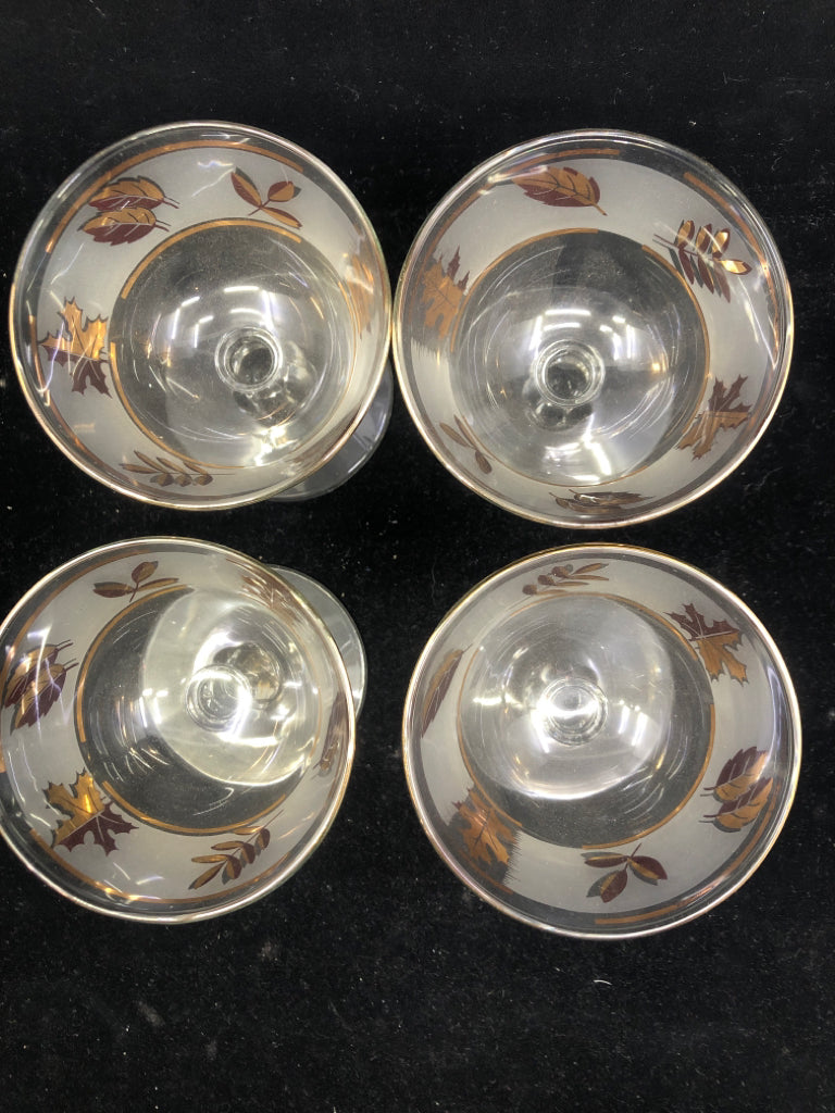 4 VTG GOLD LEAF DESSERT GLASSES.