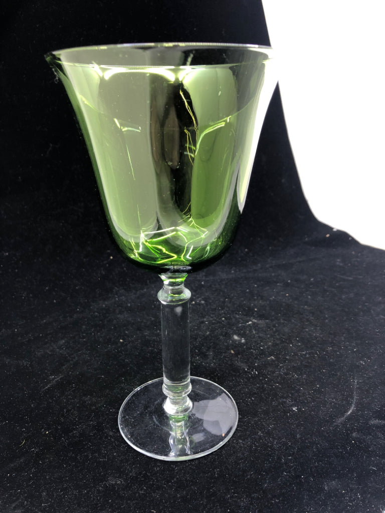 6 LARGE GREEN GLASS WINE GLASSES W/ CLEAR STEMS.