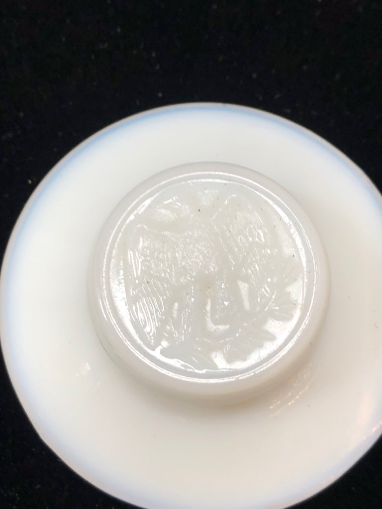 VTG MILK GLASS COVERED JAR W/EAGLE MEDALLION.