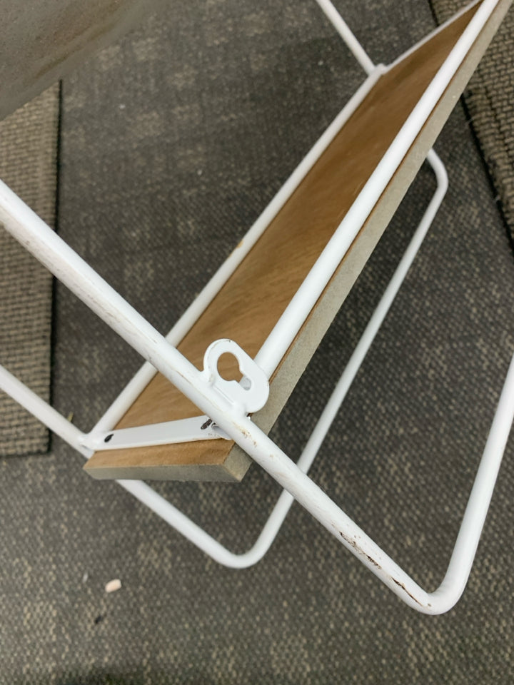 3 TIER GRAY AND WHITE WOOD SHELF.