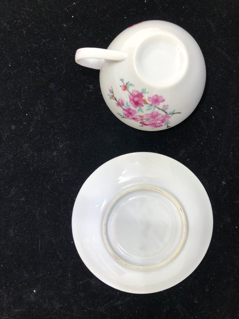 WHITE CHERRY BLOSSOM W ORANGE ACCENT TEACUP AND SAUCER.