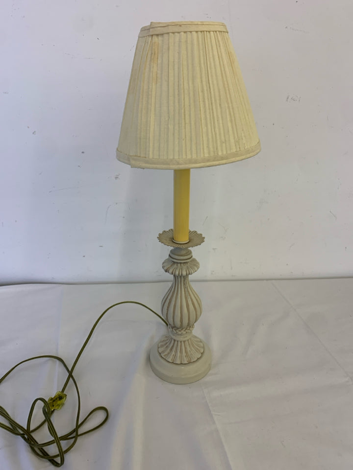 HEAVY WHITE WASHED DETAIL LAMP WITH MINI SHADE.