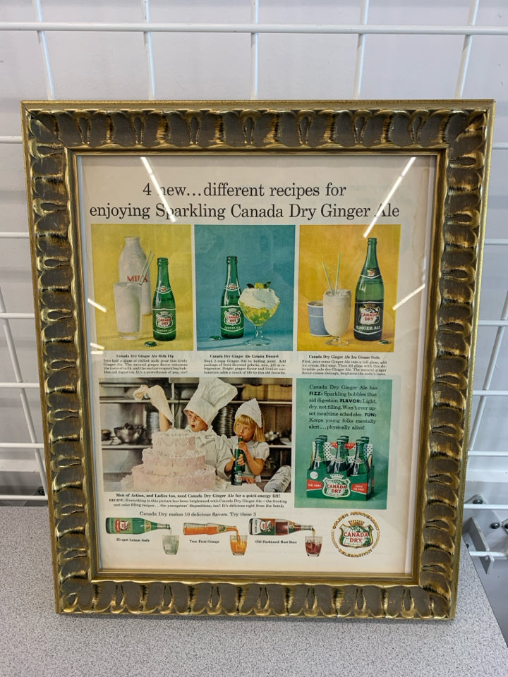 VTG GINGER ALE PRINT IN GOLD FRAME WALL HANGING.