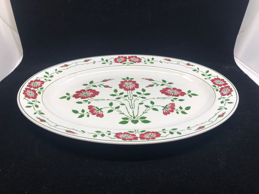 VTG LS & S -LARGE OVAL PLATTER W/ RED FLOWERS+ GREEN VINES .