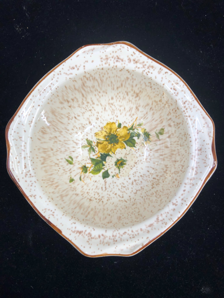 VTG CREAM BOWL W BROWN SPECKLED AND YELLOW FLROAL.