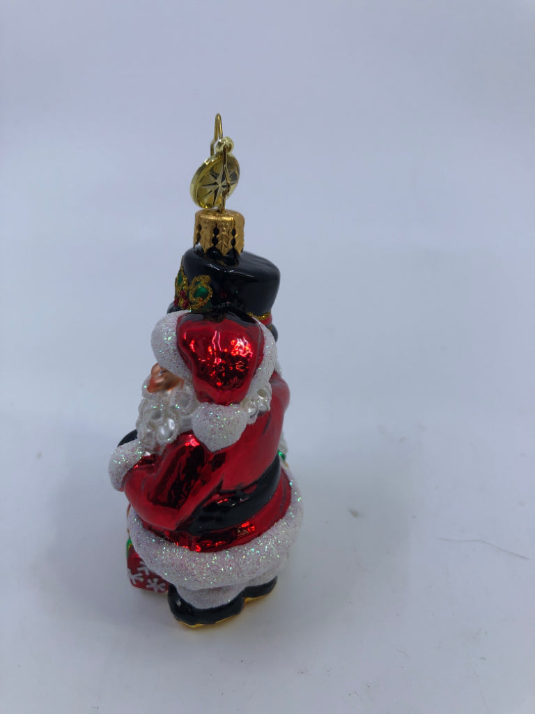 GLASS SANTA AND SNOWMAN ORNAMENT.