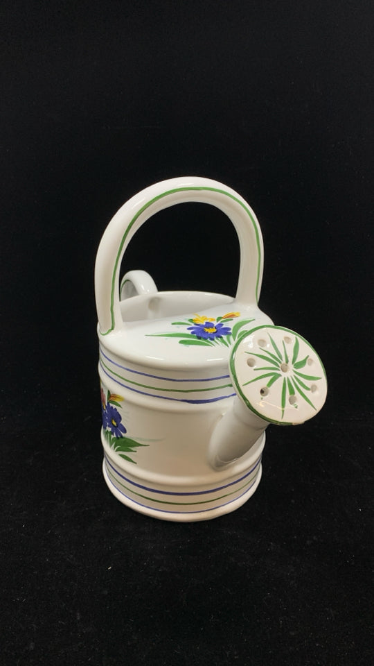 WHITE CERAMIC WATERING CAN W/PAINTED FLOWERS.