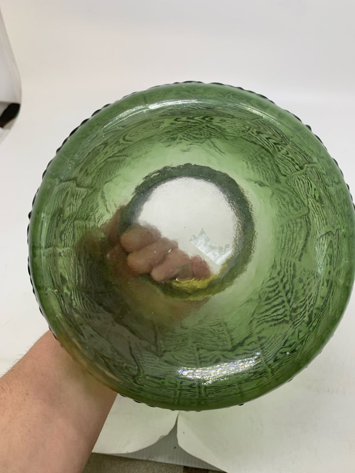 TEXTURED DARK GREEN VASE W/ GOLD METAL TOP.