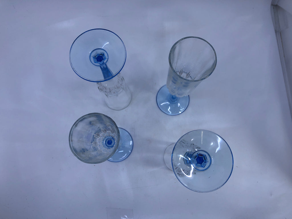 5 BLUE STEM CUT GLASS CHAMPAGNE FLUTES.