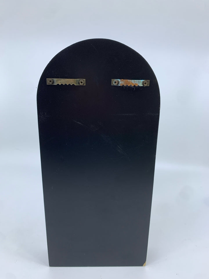 BLACK WOOD ARCH WALL MOUNTED VASE.