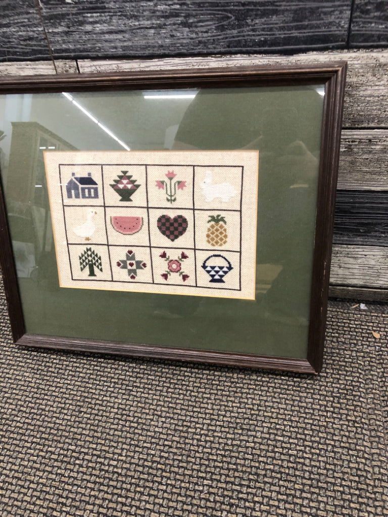 VTG EMBROIDERED IN DARK WOOD FRAME WALL ART.
