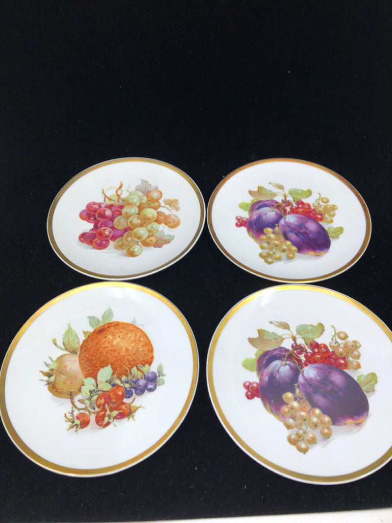 4 VTG FRUIT PAINTED GOLD ACCENT PLATES.