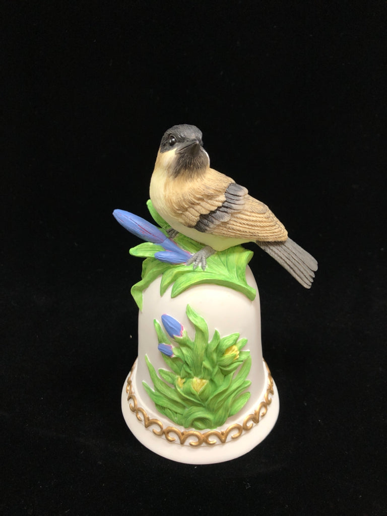 CHICKADEE ON BLUE FLOWER PORCELAIN MUSIC BOX.