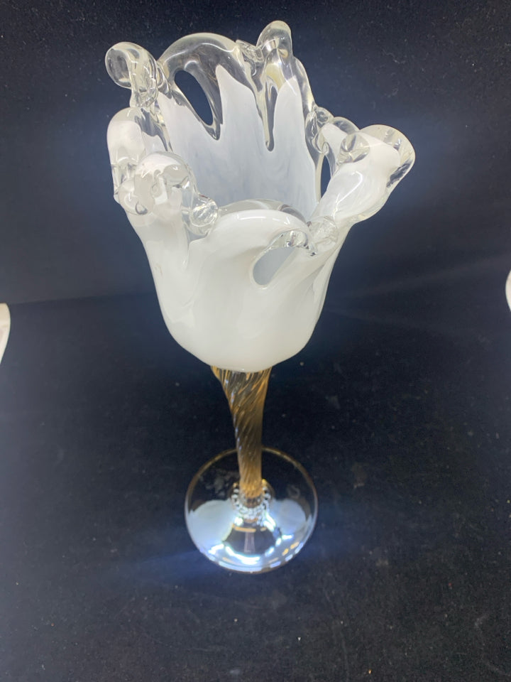 TALL WHITE BLOW GLASS TULIP SHAPE CANDLE HOLDER.