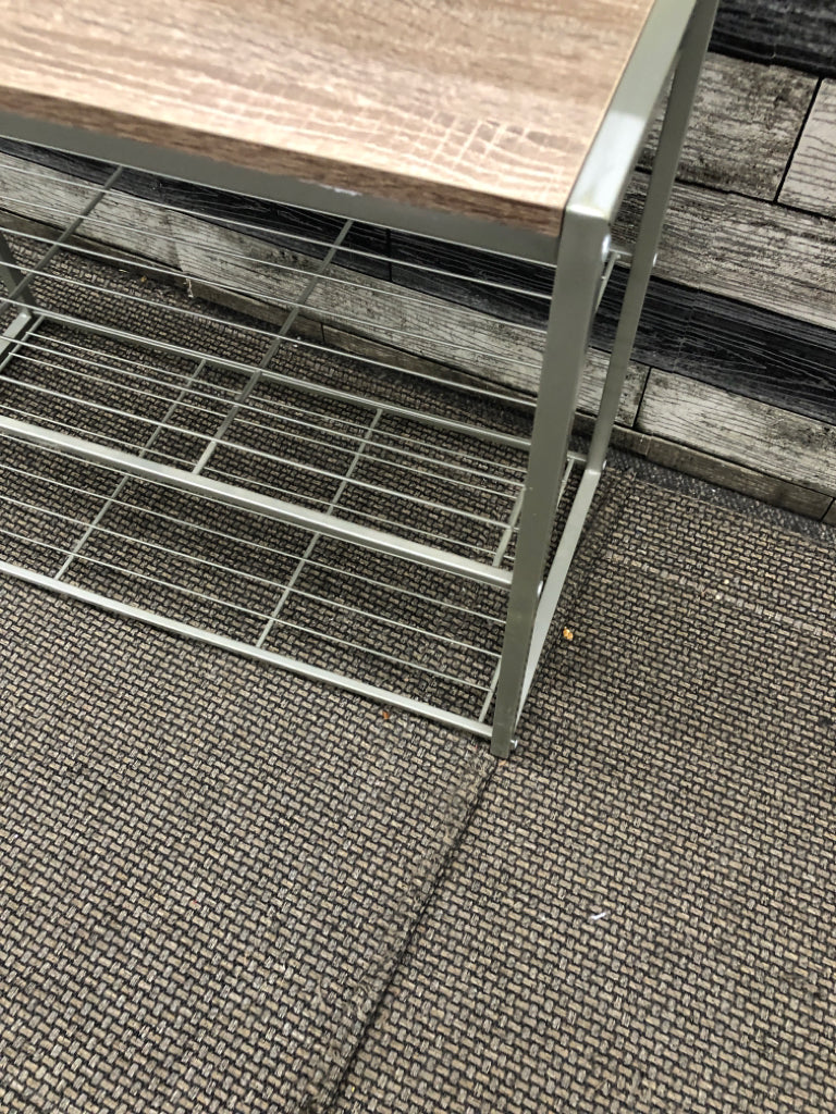 3 TIER GREY METAL/WOOD SHOE SHELF.