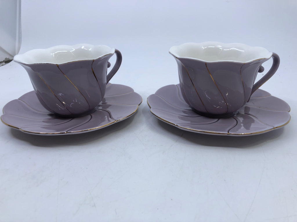 2 PURPLE AND GOLD ACCENT TEACUP + SAUCERS - 2 CUPS, 2 SAUCERS.