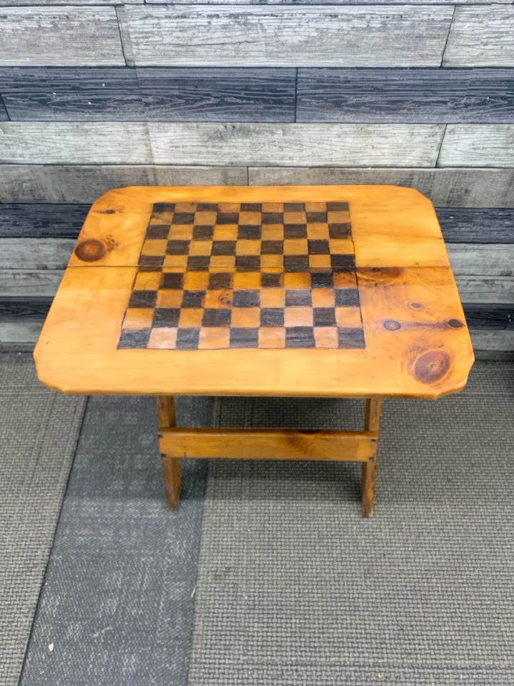 FOLD UP REAL WOOD BURNED CHECKERED BOARD TABLE.