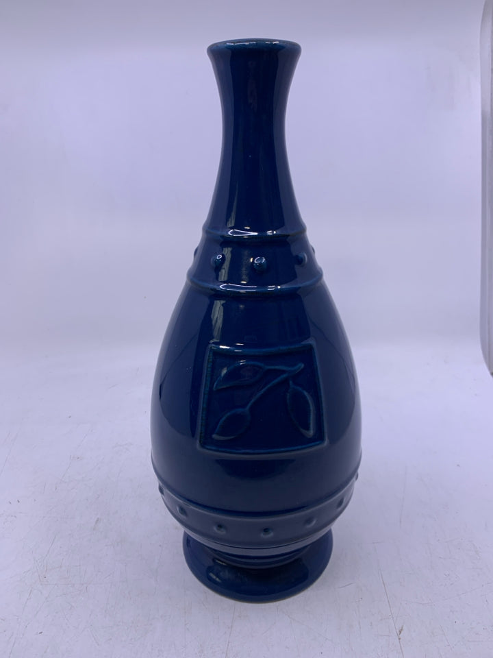 FOOTED DARK BLUE W/ EMBOSSED LEAVES.