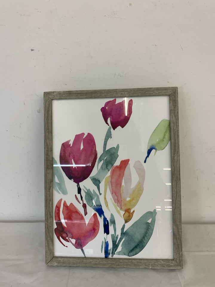 PINK FLORAL IN GREY WHITE WASHED FRAME WALL ART.