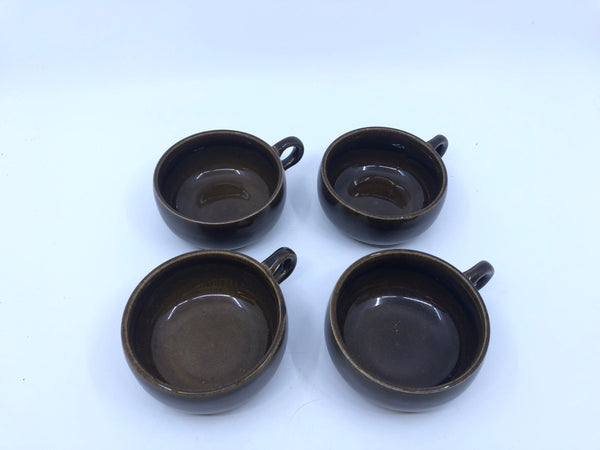 4 SMALL SOUP BROWN MUGS.