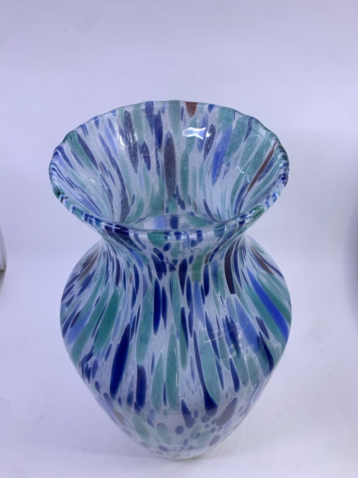 BLUE SPECKLED GLASS VASE.