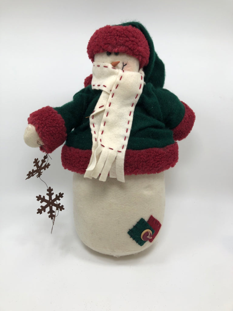 SNOWMAN HOLDING METAL SNOWFLAKES.