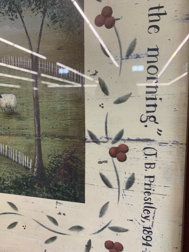 PRIMITIVE FARM COUNTRY PRINT IN RED FRAME.