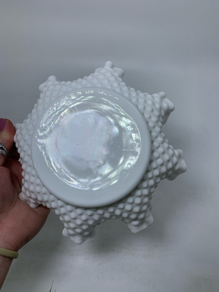 SHALLOW HOBNAIL MILK GLASS BOWL W/ RUFFLED EDGE.