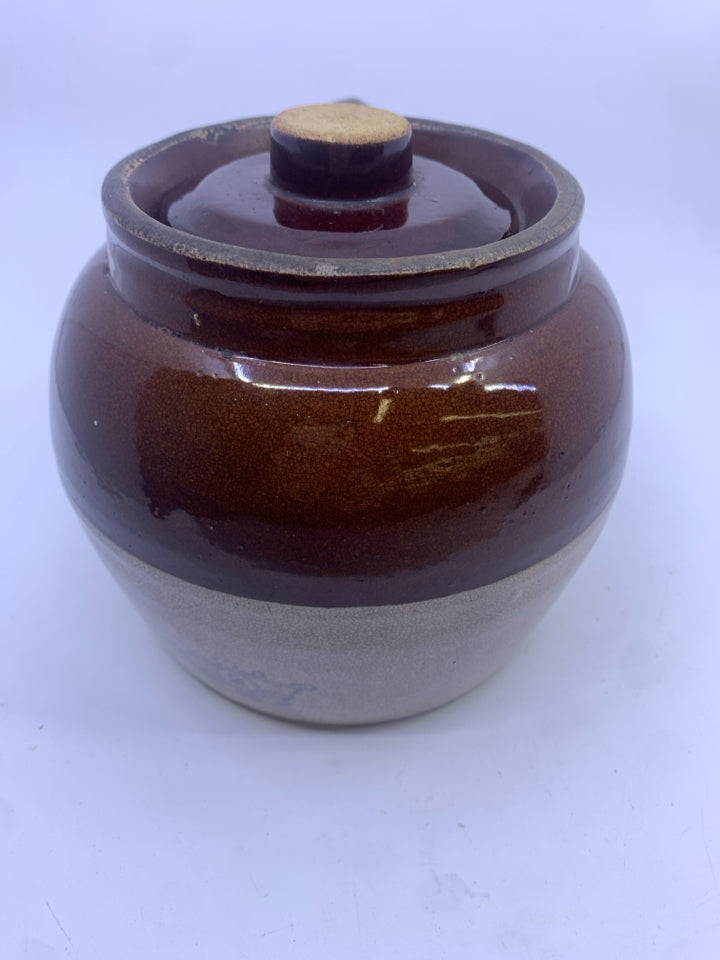 VTG BROWN/CREAM BEAN POT W/ LID ROBINSON RANSBOTTOM POTTERY.