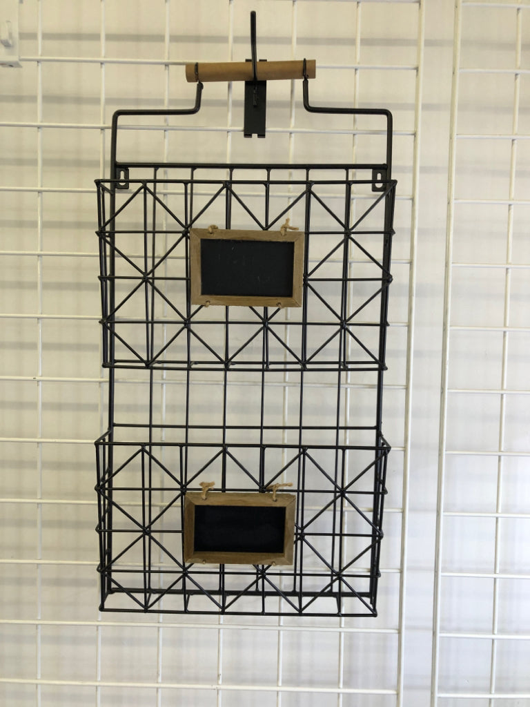 BLACK METAL WALL HANGING PAPER ORGANIZER W CHALK BOARD LABEL.