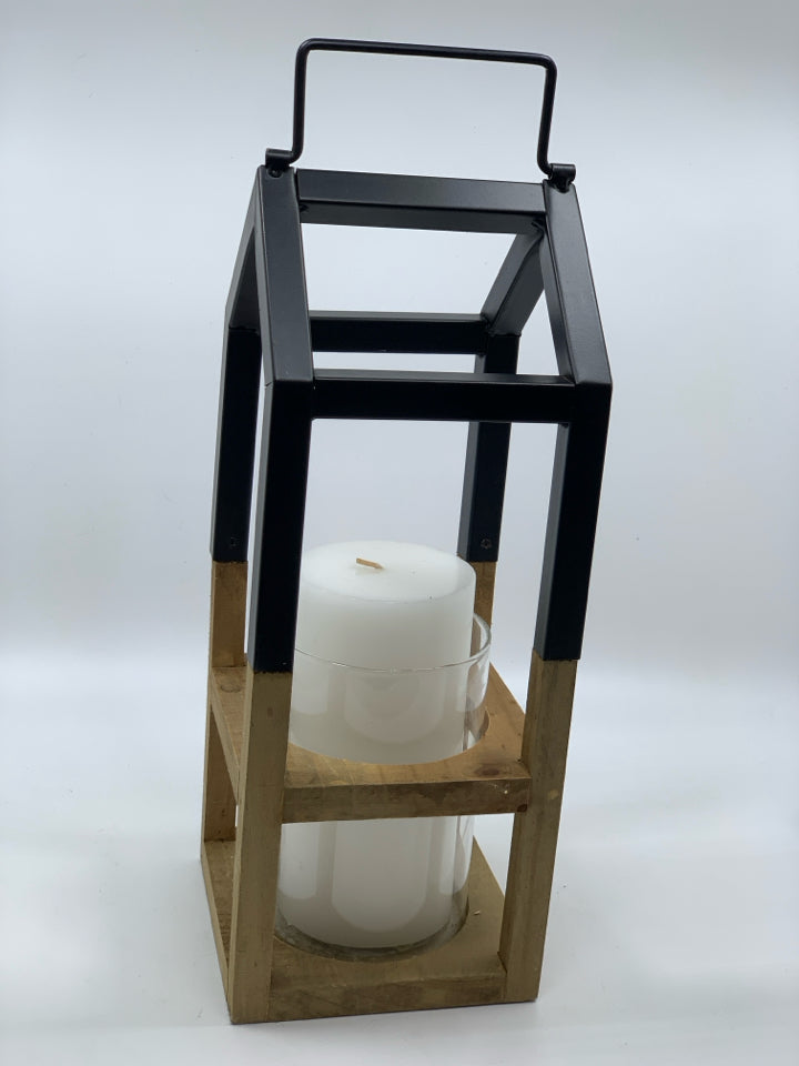 BLACK METAL AND WOOD PILLAR CANDLE LANTERN.