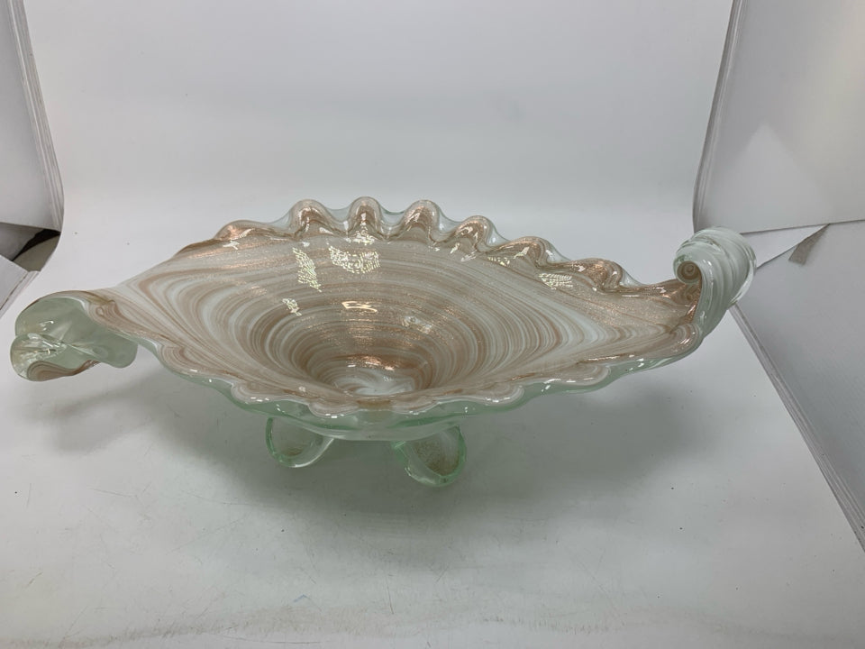 FOOTED HEAVY BLOWN GLASS ABSTRACT WHITE W/ ROSE GOLD SPECKLES BOWL.