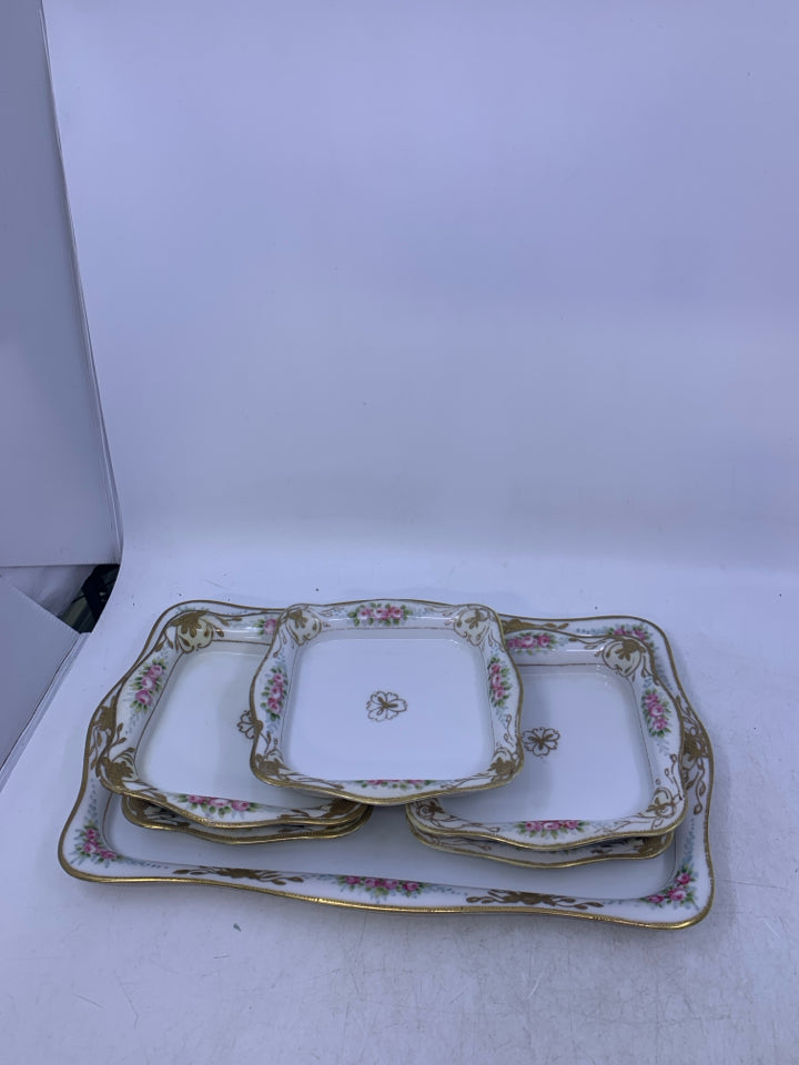 VTG 6 PC TRAY/PLATE SET WHITE W/ GOLD PINK FLOWERS.